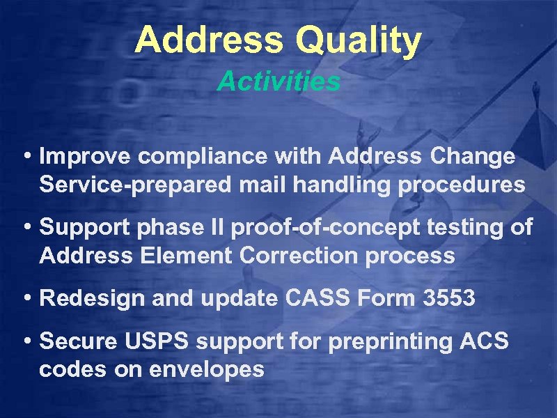 Address Quality Activities • Improve compliance with Address Change Service-prepared mail handling procedures •