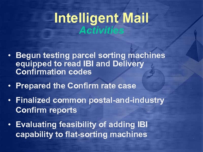 Intelligent Mail Activities • Begun testing parcel sorting machines equipped to read IBI and