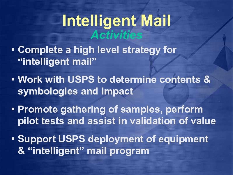 Intelligent Mail Activities • Complete a high level strategy for “intelligent mail” • Work