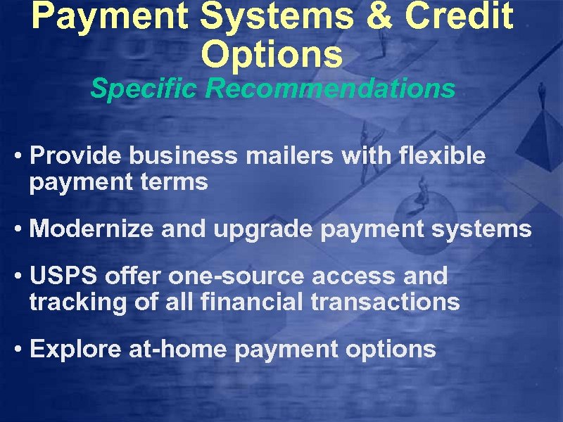 Payment Systems & Credit Options Specific Recommendations • Provide business mailers with flexible payment