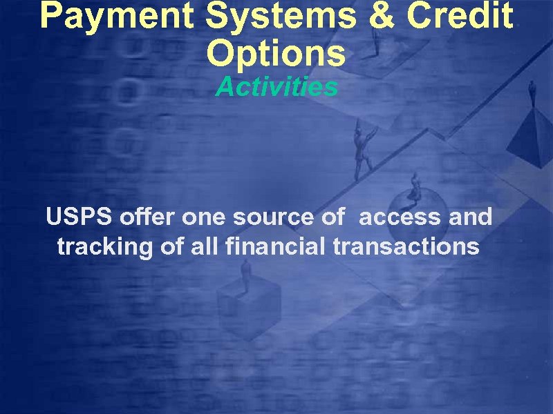 Payment Systems & Credit Options Activities USPS offer one source of access and tracking