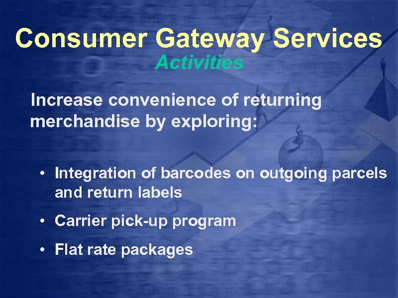 Consumer Gateway Services Activities Increase convenience of returning merchandise by exploring: • Integration of