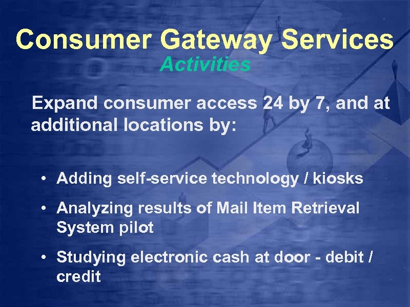 Consumer Gateway Services Activities Expand consumer access 24 by 7, and at additional locations