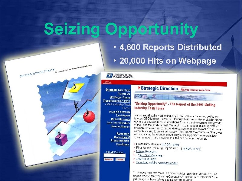 Seizing Opportunity • 4, 600 Reports Distributed • 20, 000 Hits on Webpage 
