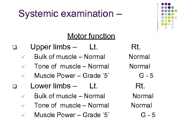 Systemic examination – Motor function Upper limbs – Lt. q ü ü ü Bulk