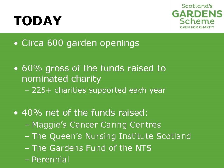 TODAY • Circa 600 garden openings • 60% gross of the funds raised to