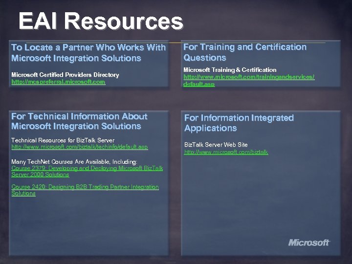 EAI Resources To Locate a Partner Who Works With Microsoft Integration Solutions For Training