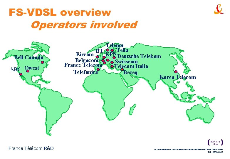FS-VDSL overview Operators involved Bell Canada SBC Qwest France Télécom R&D Telenor Telia BT