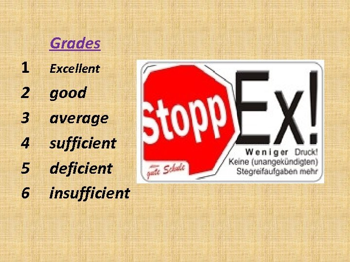 Grades 1 2 3 4 5 6 Excellent good average sufficient deficient insufficient 