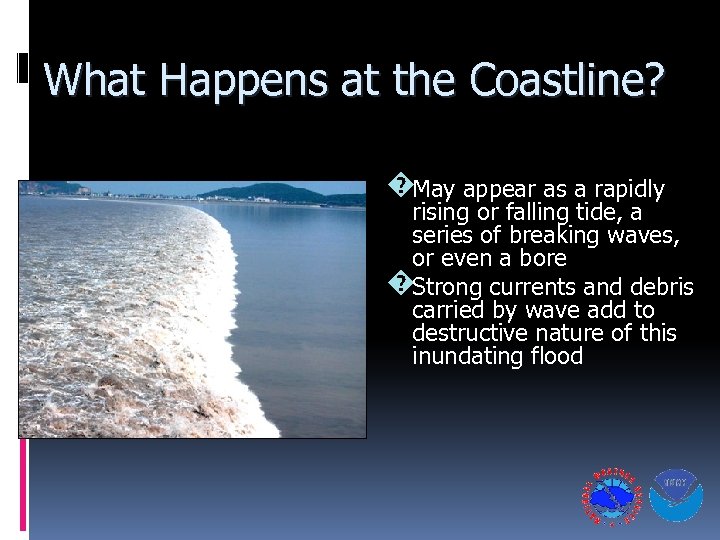 What Happens at the Coastline? �May appear as a rapidly rising or falling tide,