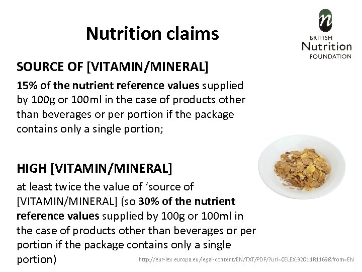 Nutrition claims SOURCE OF [VITAMIN/MINERAL] 15% of the nutrient reference values supplied by 100
