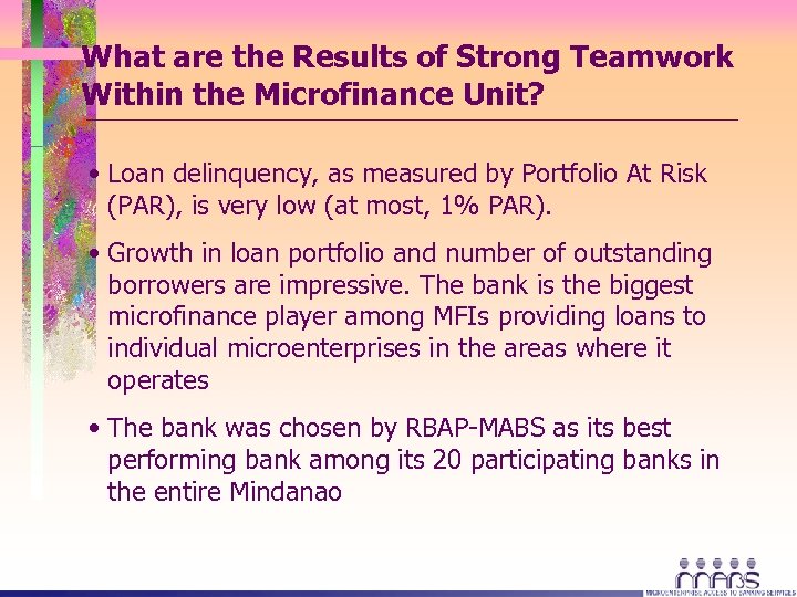 What are the Results of Strong Teamwork Within the Microfinance Unit? • Loan delinquency,