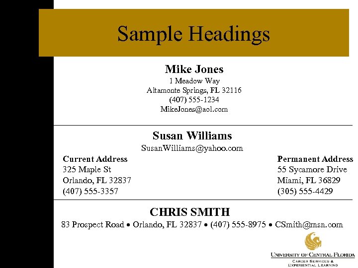 Sample Headings Mike Jones 1 Meadow Way Altamonte Springs, FL 32116 (407) 555 -1234