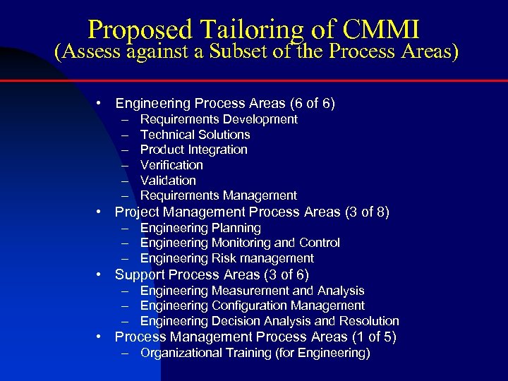 Proposed Tailoring of CMMI (Assess against a Subset of the Process Areas) • Engineering