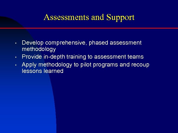 Assessments and Support • • • Develop comprehensive, phased assessment methodology Provide in-depth training