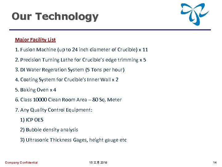 Our Technology Major Facility List 1. Fusion Machine (up to 24 inch diameter of