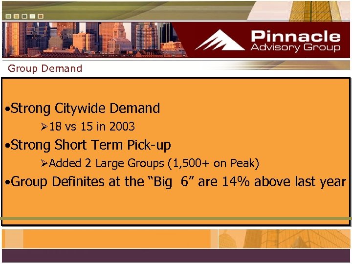 Group Demand • Strong Citywide Demand Ø 18 vs 15 in 2003 • Strong
