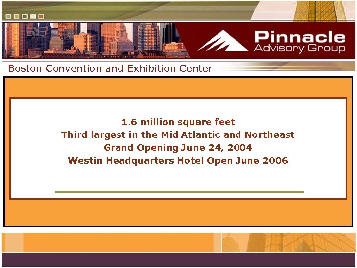 Boston Convention and Exhibition Center 1. 6 million square feet Third largest in the