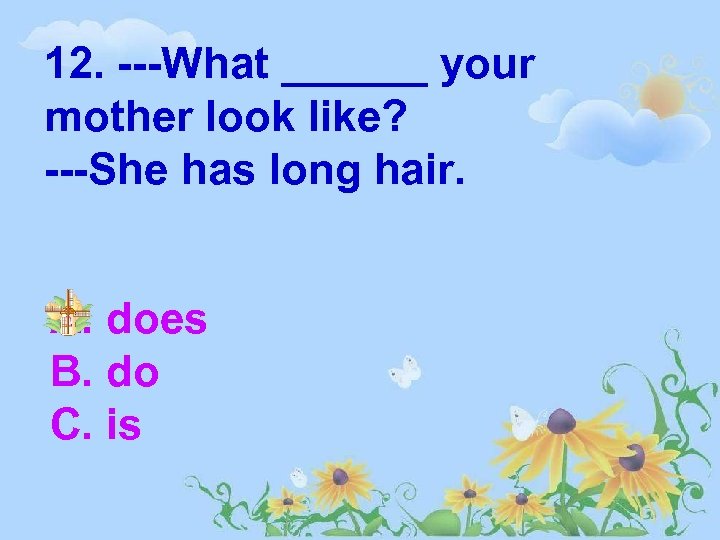 12. ---What ______ your mother look like? ---She has long hair. A. does B.