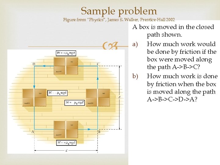 Sample problem Figure from “Physics”, James S. Walker, Prentice-Hall 2002 A box is moved