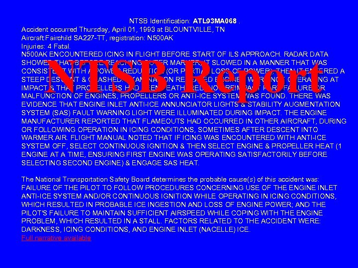 NTSB Identification: ATL 93 MA 068. Accident occurred Thursday, April 01, 1993 at BLOUNTVILLE,