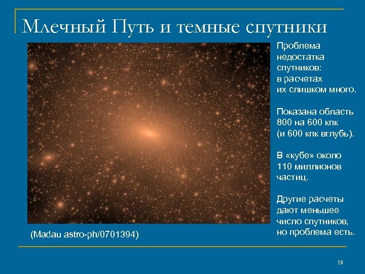Млечный Путь и темные спутники Проблема недостатка спутников: в расчетах их слишком много. Показана