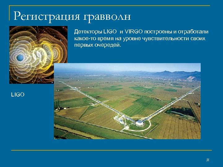 Регистрация гравволн Детекторы LIGO и VIRGO построены и отработали какое-то время на уровне чувствительности