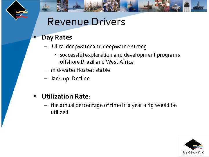Revenue Drivers • Day Rates – Ultra-deepwater and deepwater: strong • successful exploration and