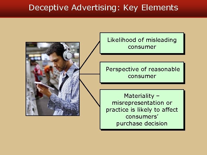 Deceptive Advertising: Key Elements Likelihood of misleading consumer Perspective of reasonable consumer Materiality –