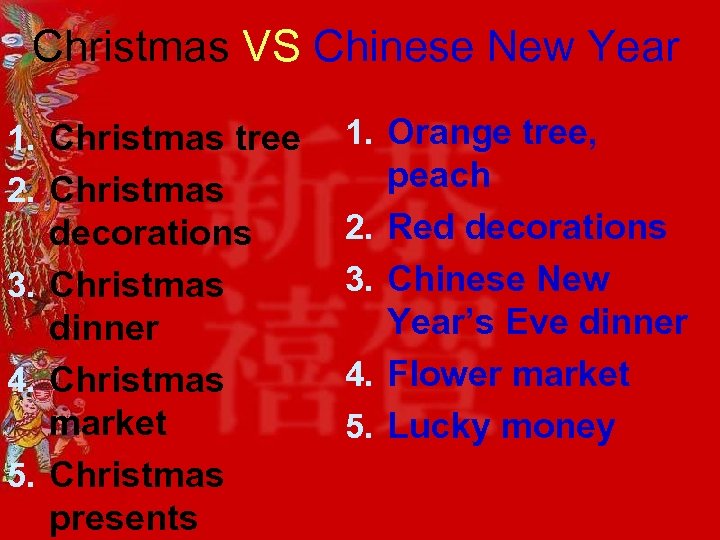 Christmas VS Chinese New Year 1. Christmas tree 2. Christmas decorations 3. Christmas dinner