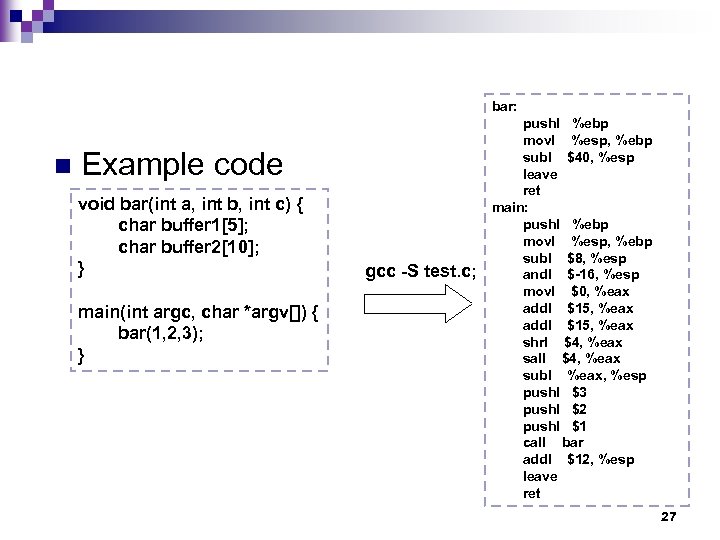 bar: n Example code void bar(int a, int b, int c) { char buffer