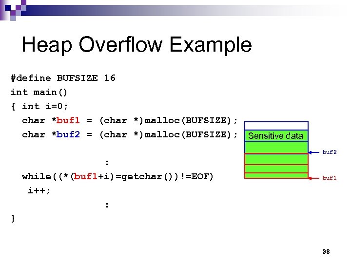 Heap Overflow Example #define BUFSIZE 16 int main() { int i=0; char *buf 1