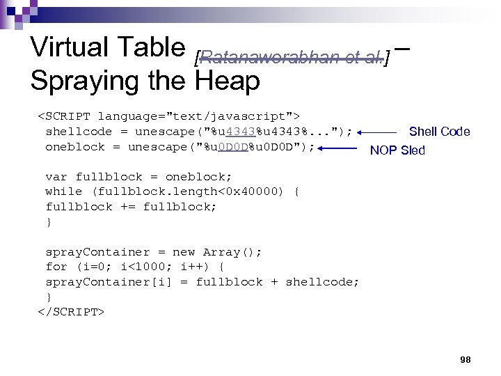 Virtual Table [Ratanaworabhan et al. ] – Spraying the Heap <SCRIPT language="text/javascript"> shellcode =