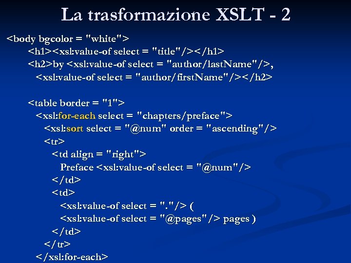 La trasformazione XSLT - 2 <body bgcolor = "white"> <h 1><xsl: value-of select =