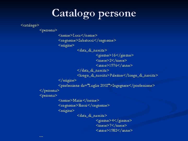 Catalogo persone <catalogo> <persona> <nome>Luca</nome> <cognome>Sabatucci</cognome> <origine> <data_di_nascita> <giorno>16</giorno> <mese>2</mese> <anno>1976</anno> </data_di_nascita> <luogo_di_nascita>Palermo</luogo_di_nascita> </origine>