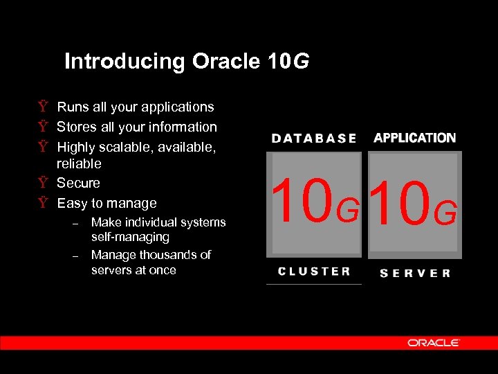 Introducing Oracle 10 G Ÿ Runs all your applications Ÿ Stores all your information
