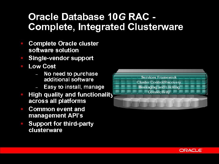Oracle Database 10 G RAC Complete, Integrated Clusterware Complete Oracle cluster software solution Single-vendor