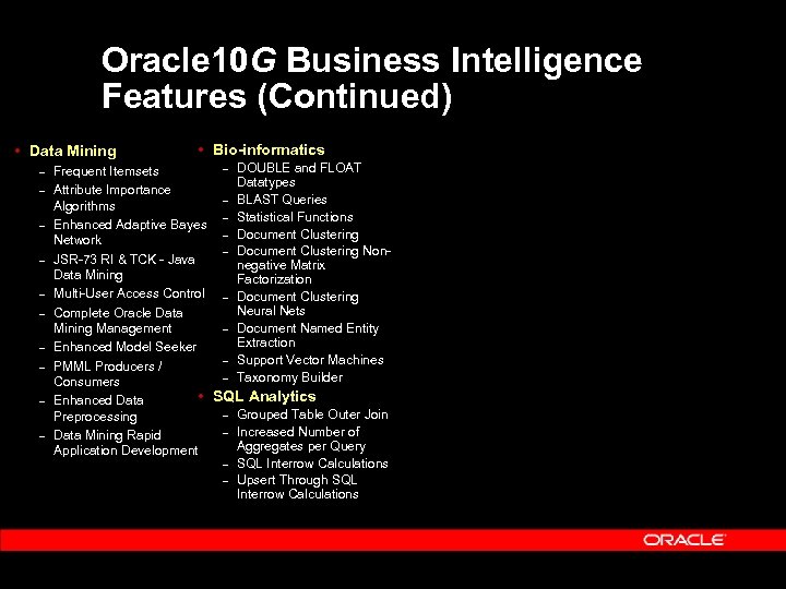 Oracle 10 G Business Intelligence Features (Continued) Data Mining – – – – –