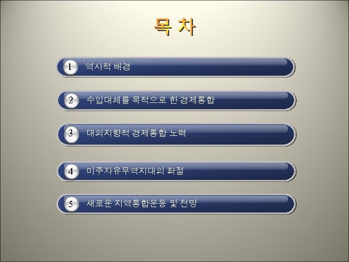 1 역사적 배경 2 수입대체를 목적으로 한 경제통합 3 대외지향적 경제통합 노력 4 미주자유무역지대의