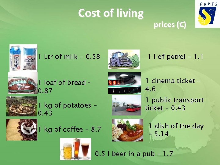 Cost of living 1 Ltr of milk – 0. 58 prices (€) 1 l