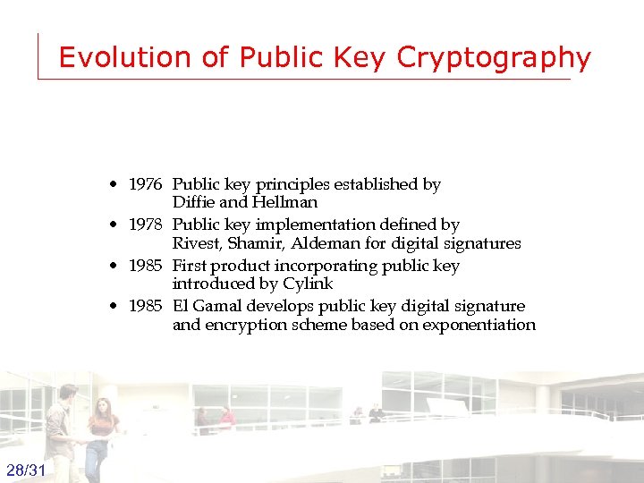 Evolution of Public Key Cryptography • 1976 Public key principles established by Diffie and