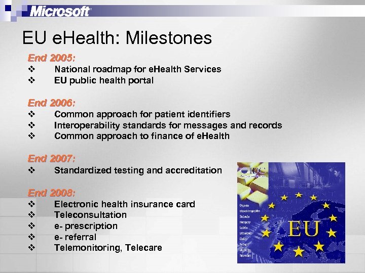 EU e. Health: Milestones End 2005: v v National roadmap for e. Health Services