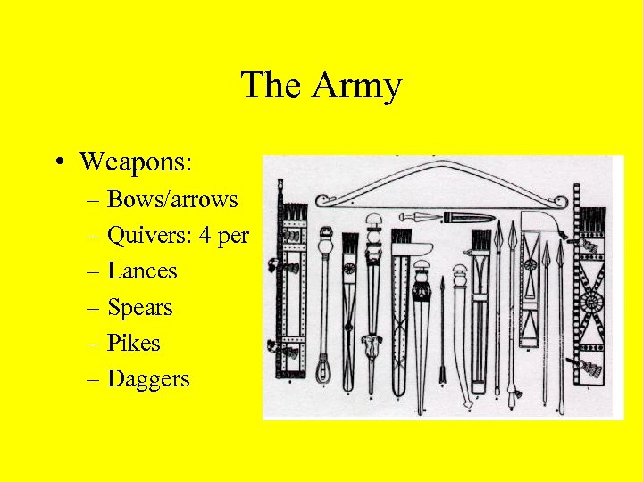 The Army • Weapons: – Bows/arrows – Quivers: 4 per – Lances – Spears