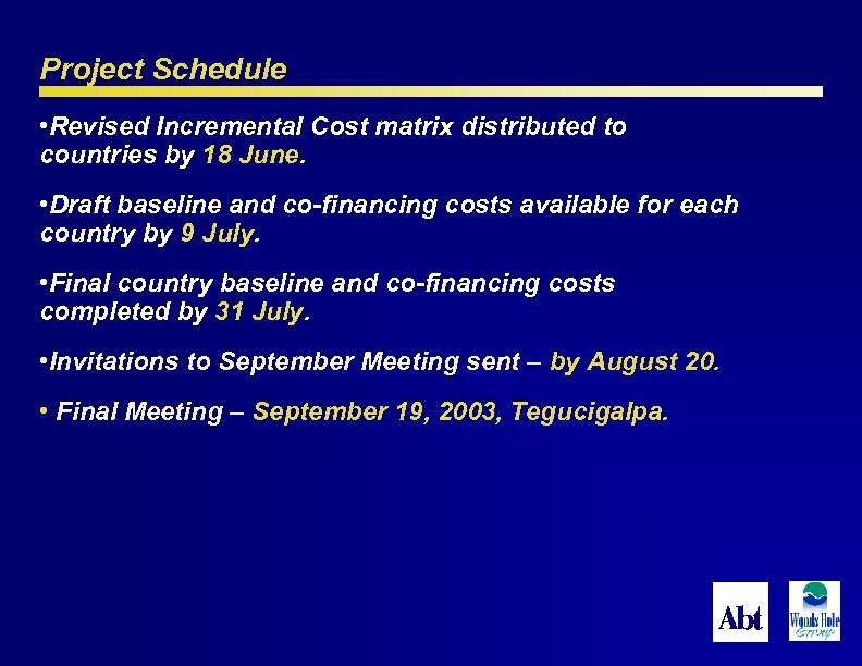 Project Schedule • Revised Incremental Cost matrix distributed to countries by 18 June. •