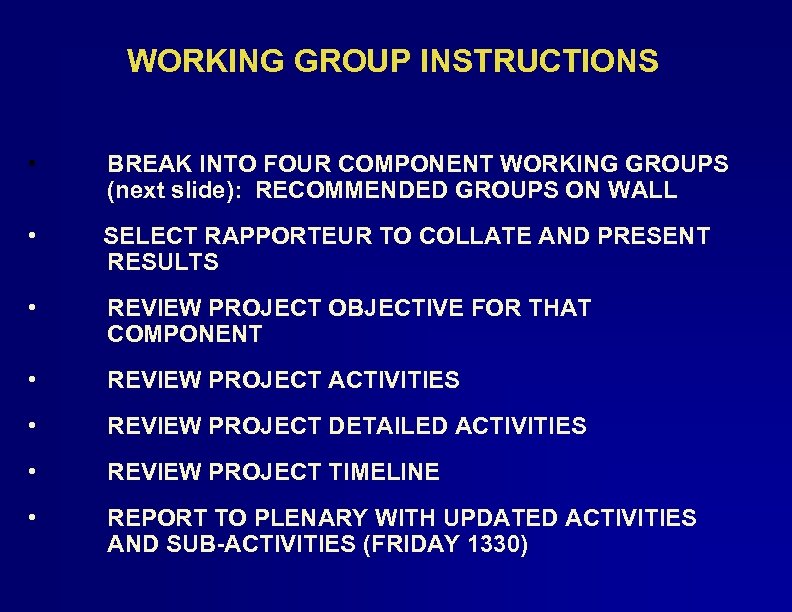 WORKING GROUP INSTRUCTIONS • BREAK INTO FOUR COMPONENT WORKING GROUPS (next slide): RECOMMENDED GROUPS