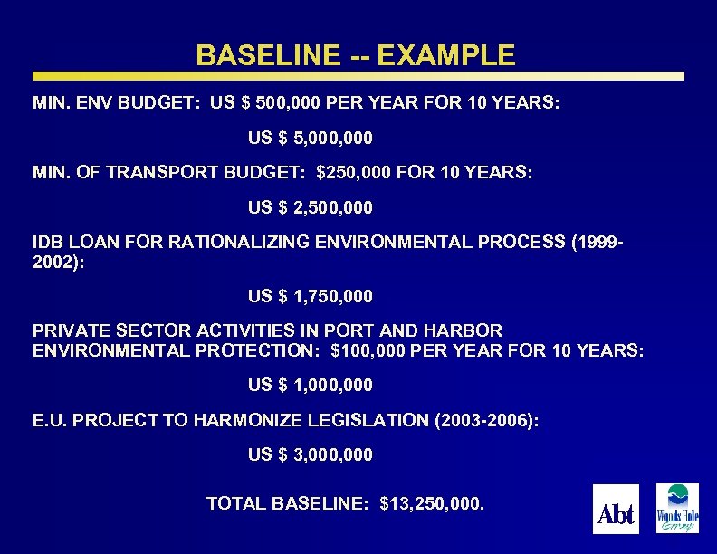 BASELINE -- EXAMPLE MIN. ENV BUDGET: US $ 500, 000 PER YEAR FOR 10