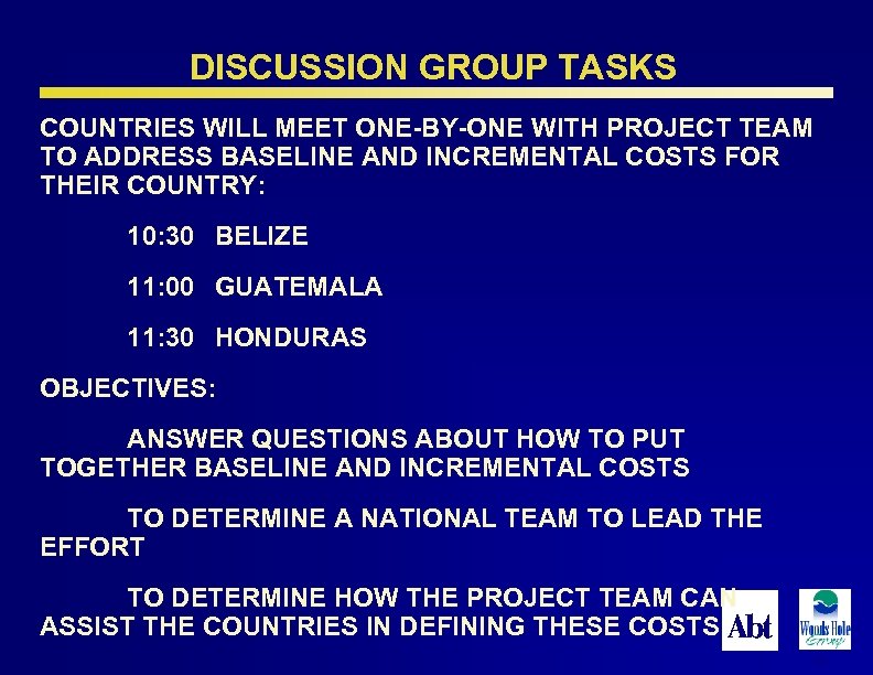 DISCUSSION GROUP TASKS COUNTRIES WILL MEET ONE-BY-ONE WITH PROJECT TEAM TO ADDRESS BASELINE AND