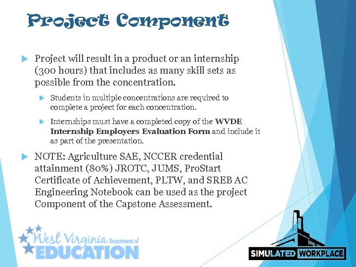 Project Component Project will result in a product or an internship (300 hours) that