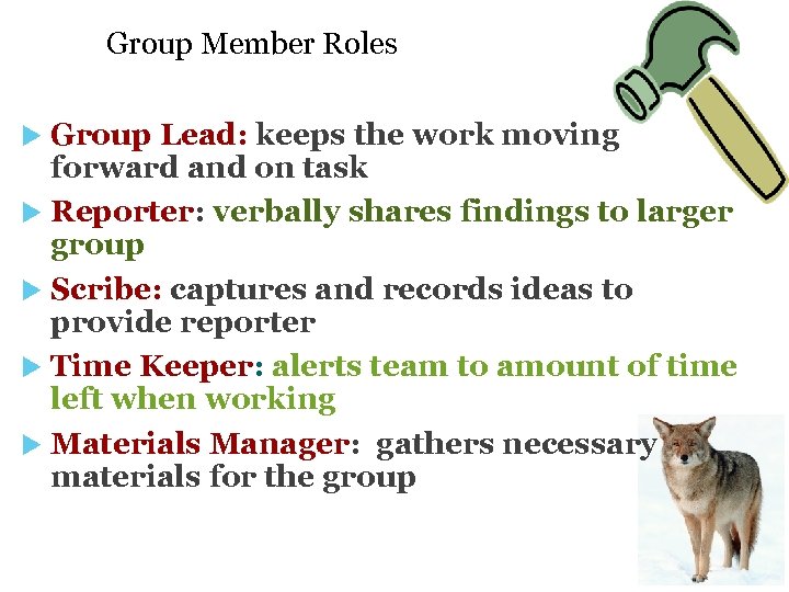 Group Member Roles Group Lead: keeps the work moving forward and on task Reporter: