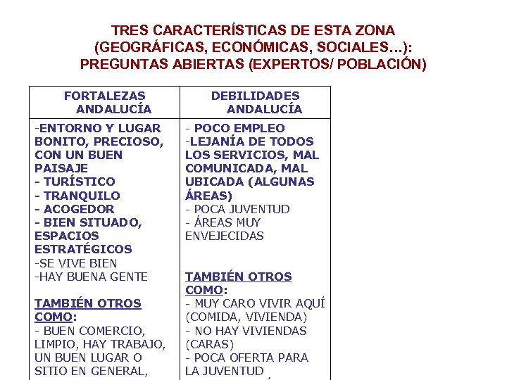 TRES CARACTERÍSTICAS DE ESTA ZONA (GEOGRÁFICAS, ECONÓMICAS, SOCIALES…): PREGUNTAS ABIERTAS (EXPERTOS/ POBLACIÓN) FORTALEZAS ANDALUCÍA
